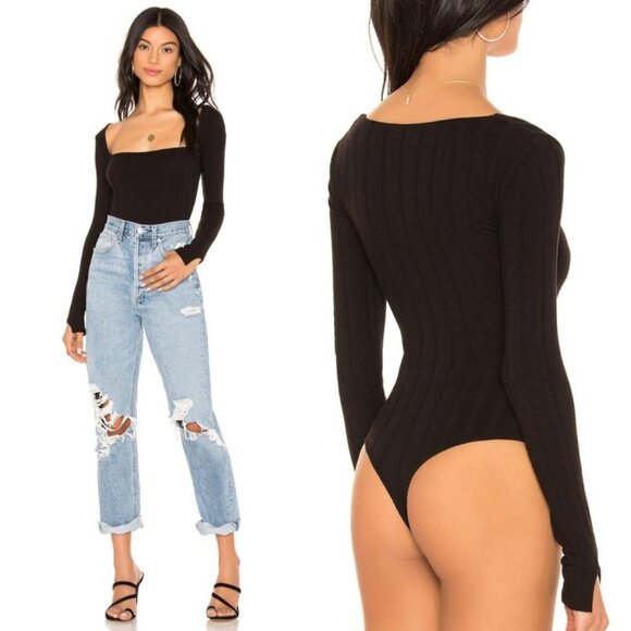 Free People Black Square Neck Ribbed Knit Bodysuit Revolve Size XS Beside Me Rib - Picture 14 of 14